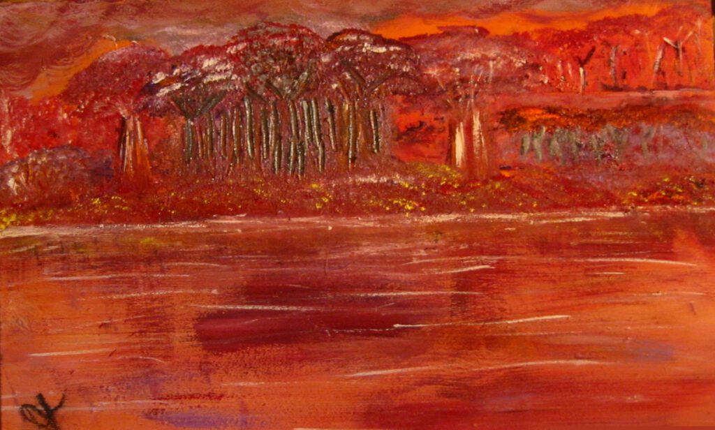 "Am Fluss" Acryl auf Holzdeckel